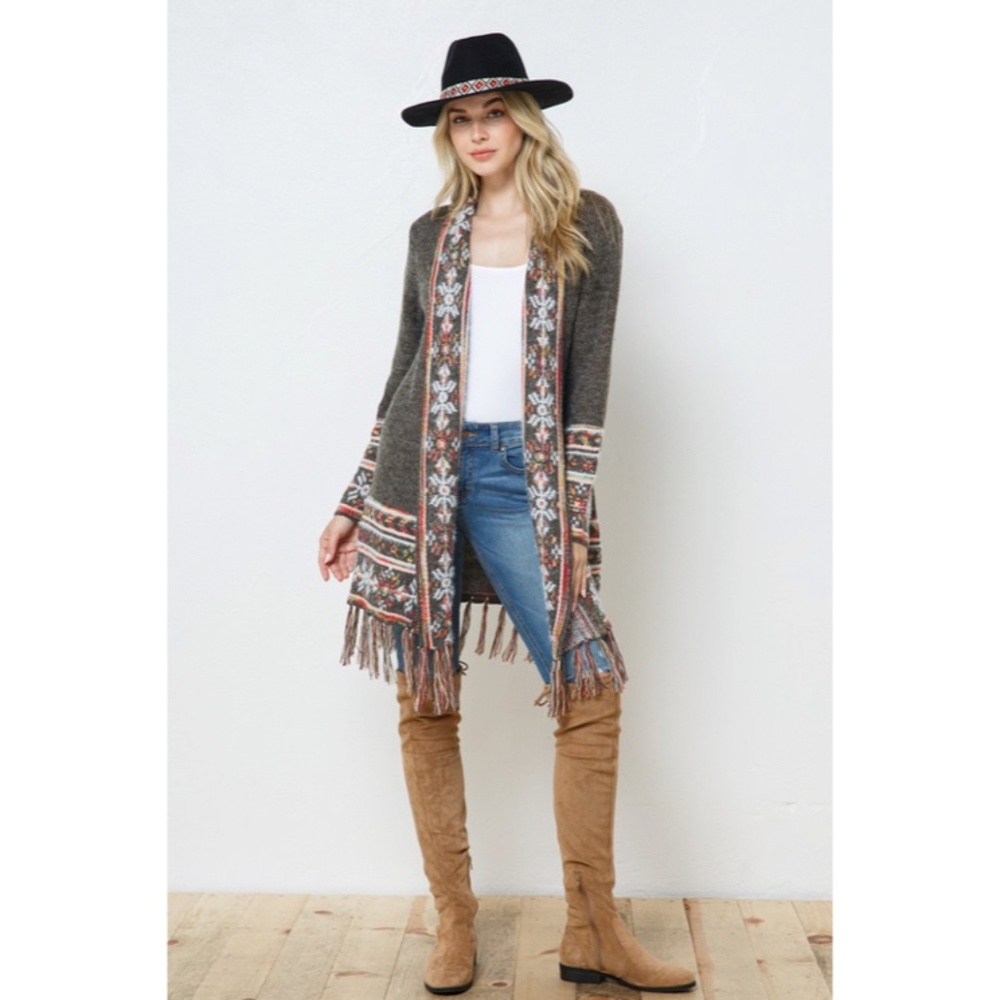 SOLD OUT Moss Olive Snowflake Marled Native Western Aztec Open Knit Cardigan - Picture 4 of 7